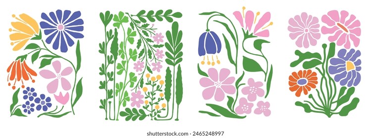 Abstract plants. Botanical doodle background art set. Flower and leaves abstract shape. Trendy floral in Matisse style design for print, wallpaper, clipart, wall art for home decoration.