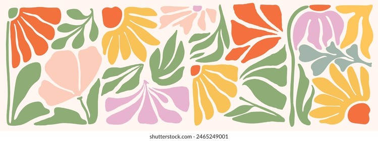 Abstract plants. Botanical doodle background art set. Flower and leaves abstract shape. Trendy floral in Matisse style design for print, wallpaper, clipart, wall art for home decoration.