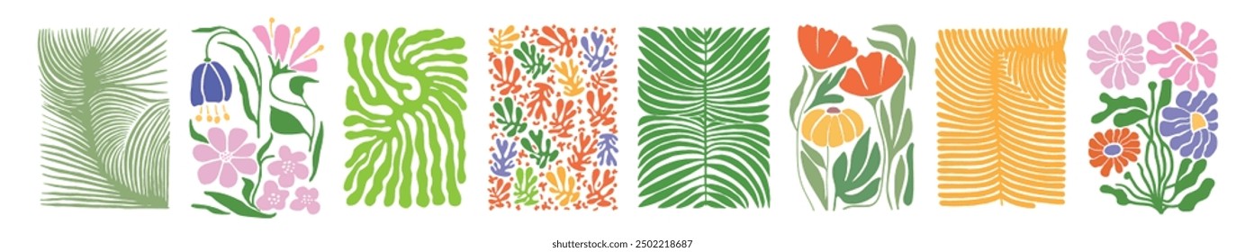 Abstract plants. Botanical doodle background art set. Flower and leaves abstract shape. Trendy floral in Matisse style design for print, wallpaper, clipart, wall art for home decoration. 