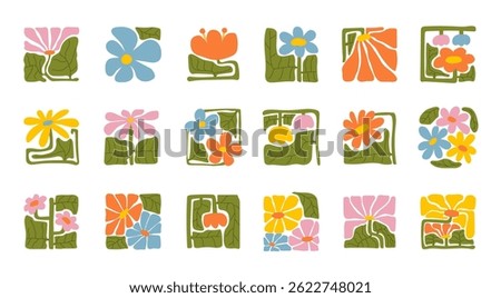 Abstract plants. Botanical doodle background art set. Flower and leaves abstract shape. Trendy floral in primitive contemporary style design for print, wallpaper, wall art for home decoration.