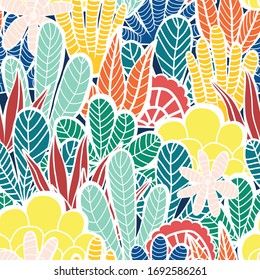 Abstract plants collage seamless vector background. Modern cactus and leave shapes pattern red blue teal lime green yellow orange white. Abstract summer plants. Modern backdrop.