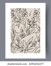 Abstract plants curly flowers wall art print. Wall artwork for interior design. Contemporary decorative background with flowers. Printable minimal abstract plants poster.