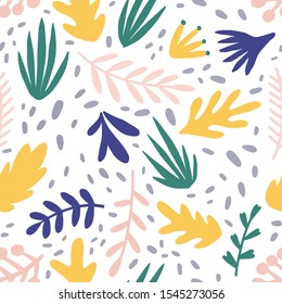 Abstract plants flat vector seamless pattern. Minimalistic foliage and branches texture. Beautiful botanical background. Colorful twigs and leaves. Floral wallpaper, textile, wrapping paper design.