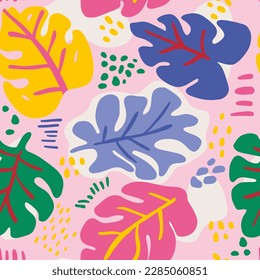 Abstract plants flat vector seamless pattern. Minimalistic foliage and branches texture. Beautiful botanical background. Colorful twigs and leaves. Floral wallpaper, textile, wrapping paper design.