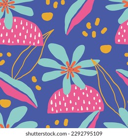 Abstract plants flat vector seamless pattern. Minimalistic foliage and branches texture. Beautiful botanical background. Colorful twigs and leaves. Floral wallpaper, textile, wrapping paper design.