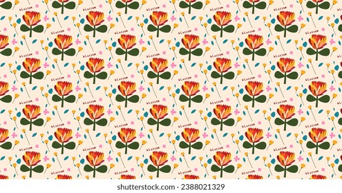 Abstract plants leaf, floral art seamless pattern with colorful freehand doodle collage background design.