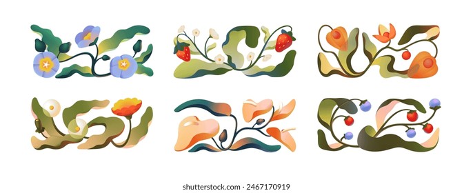 Abstract plants in modern gradient style set. Collection of horizontal botanic compositions of flowers, leaves, foliage, grass. Colourful nature. Flat isolated vector illustrations on white background