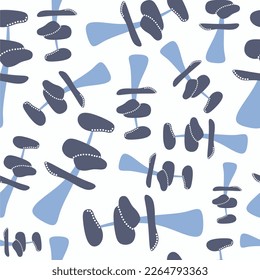 Abstract plants or mushrooms. Seamless pattern. Japanese style. Light blue colors. White background. Nature. Abstract shapes. Trees.