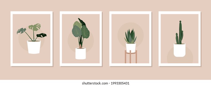 Abstract plants, natural shapes poster set in minimalist style. Modern illustration: tropical palm leaf, Monstera, cactus for minimalist print, poster, boho wall decor, flat design Vector minimal art