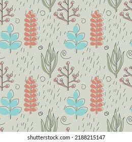 Abstract plants seamless pattern. Colorful different plants with black outline, short irregular and round lines repeating on bright background. Vector illustration.