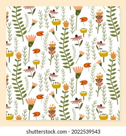 Abstract plants seamless pattern with hand drawing wild field herbs and flowers. Colorful botanical illustration. Spring or summer texture with floral elements. Ditsy floral doodle vector background