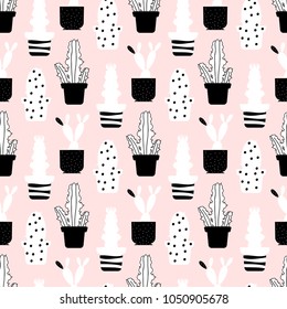 Abstract plants seamless pattern - scandinavic style cactuses texture. Vector illustration