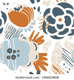 Abstract plants seamless pattern.  Trendy creative graphic design for paper, textile, fabric, page fill. Colorful floral background with hand drawn modern flowers, leaves and doodle shapes. 