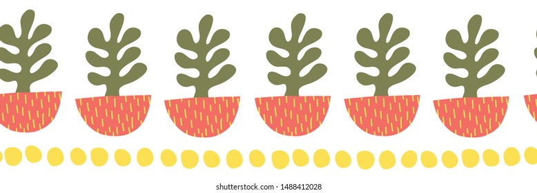 Abstract plants seamless vector border. Floral ethnic leaf motif scandi style banner. Folk art. Hand drawn illustration of succulents in plant pots. Scandinavian style ribbon trim for home decor, card