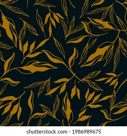 Abstract plants set. Gold branches. Botanical seamless pattern. Dark background. Trendy universal pattern good for wallpaper, brochure, textile, texture, print, packaging, flyer. Vector illustration.