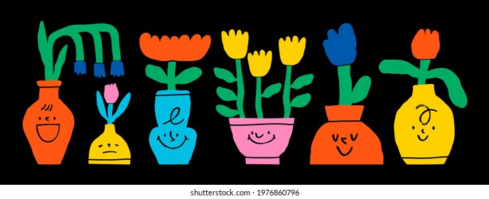 Abstract plants. Simple domestic Flowers in pots with faces. Hand drawn colored Vector Set. Floral design, Naive art, Infantile Style Art. Colorful trendy illustration. All elements are isolated