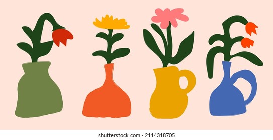 Abstract plants. Simple domestic Flowers in pots. Hand drawn colored Vector Set. Floral design, Naive art, Infantile Style Art. Colorful trendy illustration. All elements are isolated