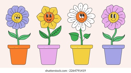 Abstrakte Pflanzen. Einfache Hausblumen in Töpfen mit Gesichtern. Handgezeichneter Vektor Set. Blumendesign, Retro-Cartoon-Kunst. Farbige, trendige Illustration.