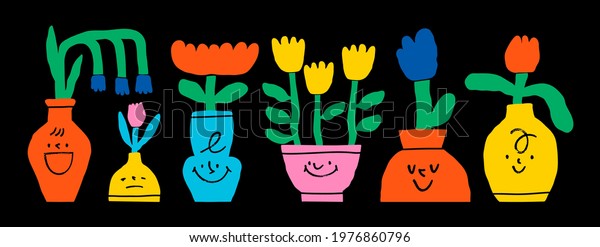 Abstract plants. Simple domestic Flowers in pots\
with faces. Hand drawn colored Vector Set. Floral design, Naive\
art, Infantile Style Art. Colorful trendy illustration. All\
elements are isolated