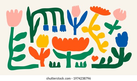 Abstract plants. Simple Various branches, Flowers and Leaves. Hand drawn colored Vector Set. Floral design, Naive art, Infantile Style Art. Colorful trendy illustration. All elements are isolated