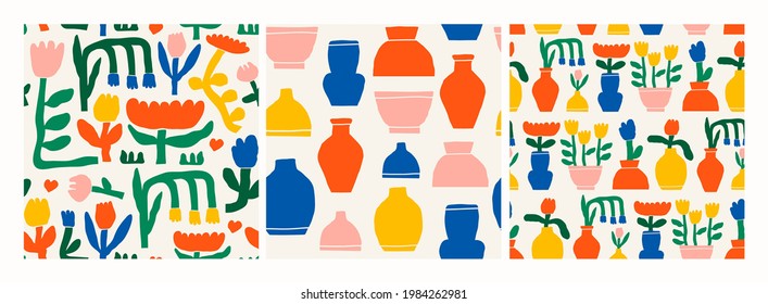 Abstract plants. Simple Various branches, Flowers and Leaves, Vases. Set of three Hand drawn colored Vector Seamless Patterns. Backgrounds. Naive art, Infantile Style Art. Colorful trendy illustration