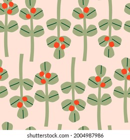 Abstract plants. Simple Various branches, berries and Leaves. Hand drawn colored Vector Seamless Pattern. Background. Floral design, Naive art, Infantile Style Art. Colorful trendy illustration