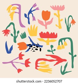 Abstract plants. Simple Various branches, Flowers and Leaves. Hand drawn colored Vector Pattern. Background. Floral design, Naive art, Infantile Style Art. Colorful trendy illustration