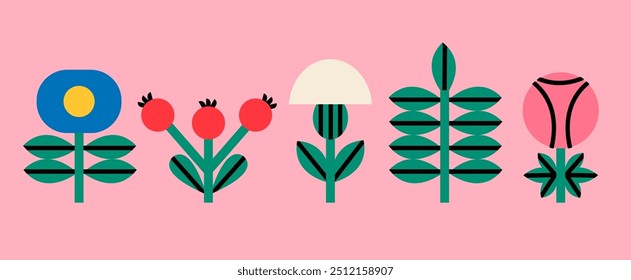 Plantas Abstractas. Simple Varias ramas, flores y hojas. Dibujado a mano Vector de color Set. Corte de papel, arte ingenuo, arte de estilo infantil. ilustración de moda colorida. Elementos de diseño aislados