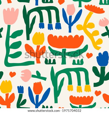 Abstract plants. Simple Various branches, Flowers and Leaves. Hand drawn colored Vector Seamless Pattern. Background. Floral design, Naive art, Infantile Style Art. Colorful trendy illustration