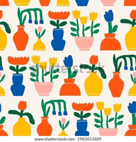 Abstract plants. Simple Various branches, Flowers and Leaves. Hand drawn colored Vector Seamless Pattern. Background. Floral design, Naive art, Infantile Style Art. Colorful trendy illustration