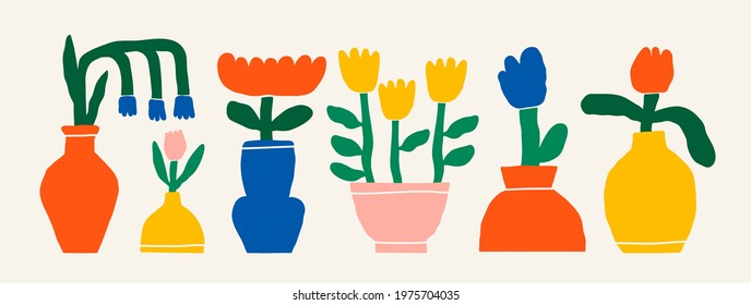 Abstract plants. Simple Various domestic Flowers in pots. Hand drawn colored Vector Set. Floral design, Naive art, Infantile Style Art. Colorful trendy illustration. All elements are isolated