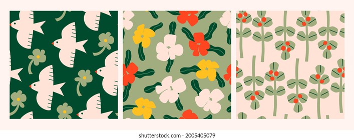 Abstract plants. Simple Various Flowers and Leaves, birds. Set of three Hand drawn colored Vector Seamless Patterns. Background, wallapaper. Floral design, Naive art. Colorful trendy illustration