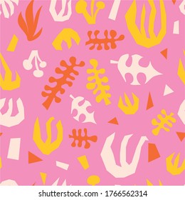 Abstract plants summer collage seamless vector pattern pink yellow orange. Contemporary minimalistic leave shapes background. 
