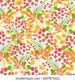 Abstract plants, summer nature, hand drawn, floral design, red and yellow flowers, white background, seamless pattern, flat style, wallpaper, cute cozy background, vector illustration