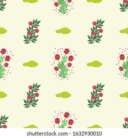 Abstract plants, summer nature, red flowers, floral background, seamless pattern, flat style, wallpaper, cute cozy background, vector illustration