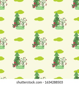 Abstract plants, summer nature, red flowers, floral background, seamless pattern, flat style, wallpaper, cute cozy background, vector illustration