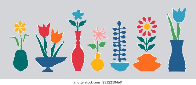 Abstract Plants. Torn Paper Simple flowers in pots. Floral design, Naive art, Infantile Style Art, ripped paper vector illustration. Set elements are isolated