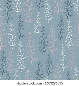 Abstract plants, winter nature, drawing on  blue background, seamless pattern, flat style, wallpaper, cute cozy background, vector illustration