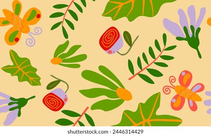 abstract plants.simple various branches, flowers, and butterflies. hand-drawn colored vector seamless pattern.naive art, infantile style art. colorful trendy