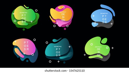 Abstract plastic colorful figures set. Isolated graphic elements. Geometric badges set. Poster design with splashes and fluid badges and geometric elements.