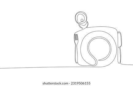 Abstract plate and cutlery in continuous line art drawing style. Minimalist black linear sketch isolated on white background. Vector illustration