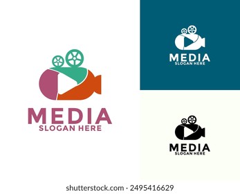 Abstract Play button with Camera logo icon vector, Cinema Logo template design