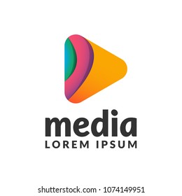 Abstract Play button logo in material design style. Application icon. Media play logo design. Colorful play icon. Arrow icon. Web, Digital, Network icon.