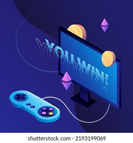 Abstract Play to Earn Illustration. Isometric Gaming Elements. Joystick, TV and Coins. Vector illustration