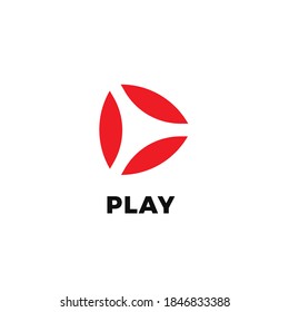 Resumen Reproducir icono aislado en fondo blanco. El concepto del logotipo vectorial de estilo mínimo plano con botón de inicio de vídeo y audio. Tres hojas rojas en un icono de forma triangular para streaming y difusión