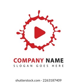 Abstract play logo design template. Live streaming icon and red paint splatter.