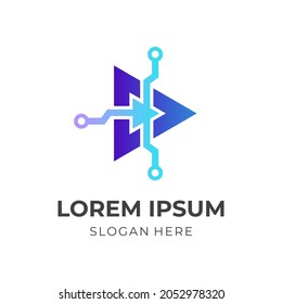 abstract play and tech logo design template concept vector with flat blue color style