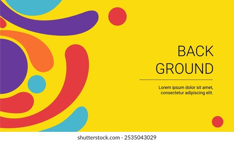 Abstract Playful Background Template. Geometric Liquid Shapes in Purple, Red, Orange and Turquoise on Yellow Surface with Text Space