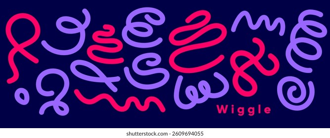 Abstract playful background with wavy, noodle-like purple and red lines on a deep navy backdrop. Dynamic, motion-inspired forms create a vibrant and energetic visual labeled "Wiggle."