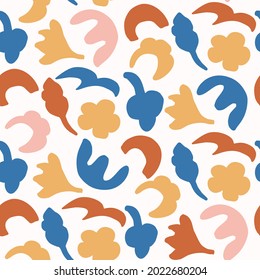 Abstract playful color style cut out shape pattern. Seamless modern simple lino cut style design for retro kids all over print. Trendy geometric home decor, kid fashion, wallpaper in vector repeat. 
